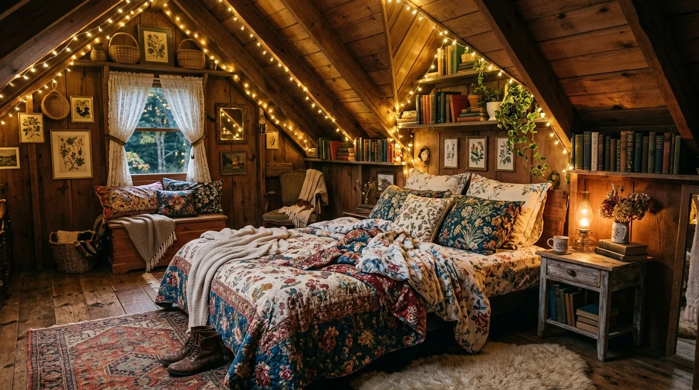 Balance sweetness with natural cottage textures inspiration for a cottagecore bedroom.